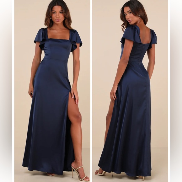 Lulus Dresses & Skirts - Lulus Ultimate Sweetness Navy Blue Satin Flutter Sleeve Maxi Dress Size Medium